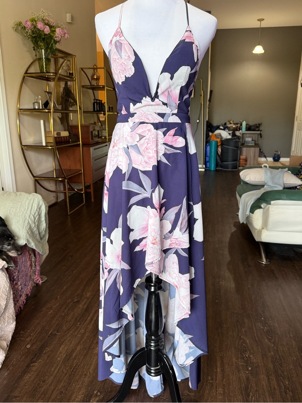 Floral Navy High-Low Spaghetti Strap Dress